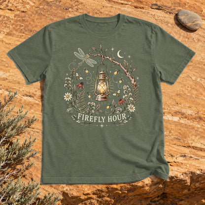Firefly Hour Vintage Lantern Graphic Tee on Military Green Everyday Soft Tee