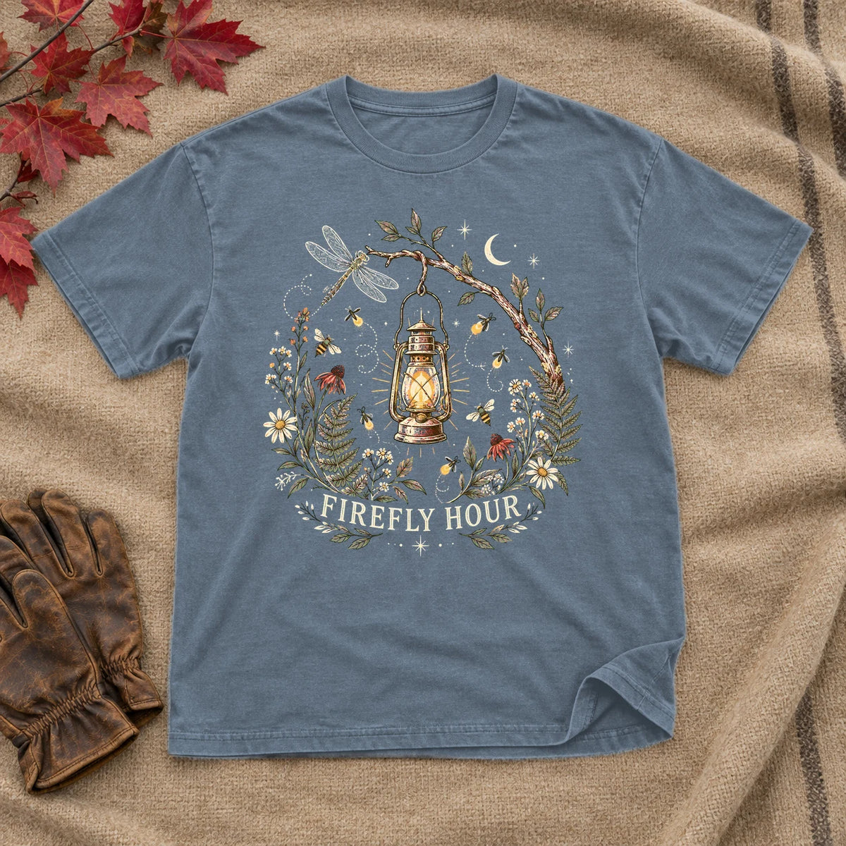 Firefly Hour Vintage Lantern Graphic Tee on Heather Indigo Everyday Soft Tee