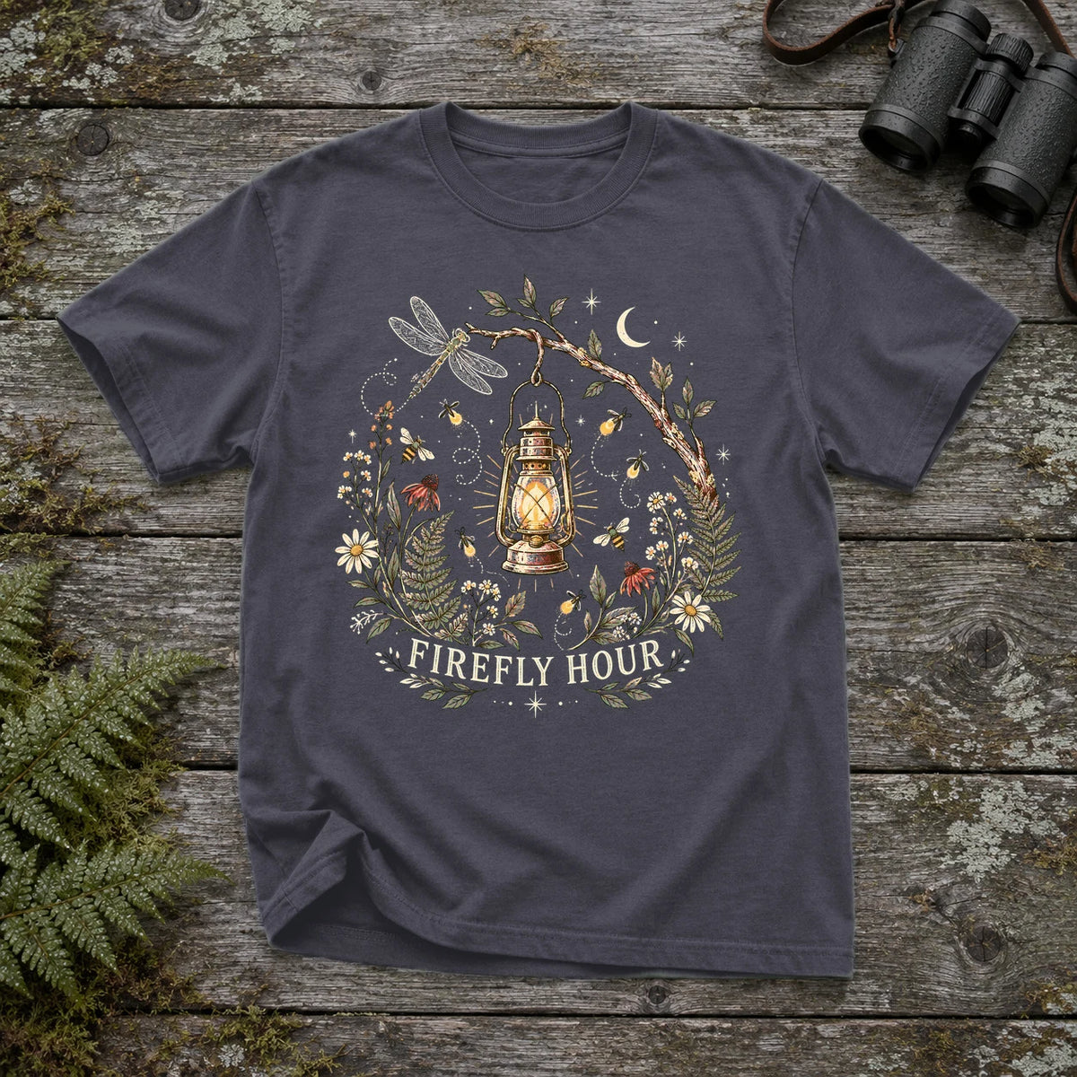 Firefly Hour Vintage Lantern Graphic Tee on Navy Premium Tee