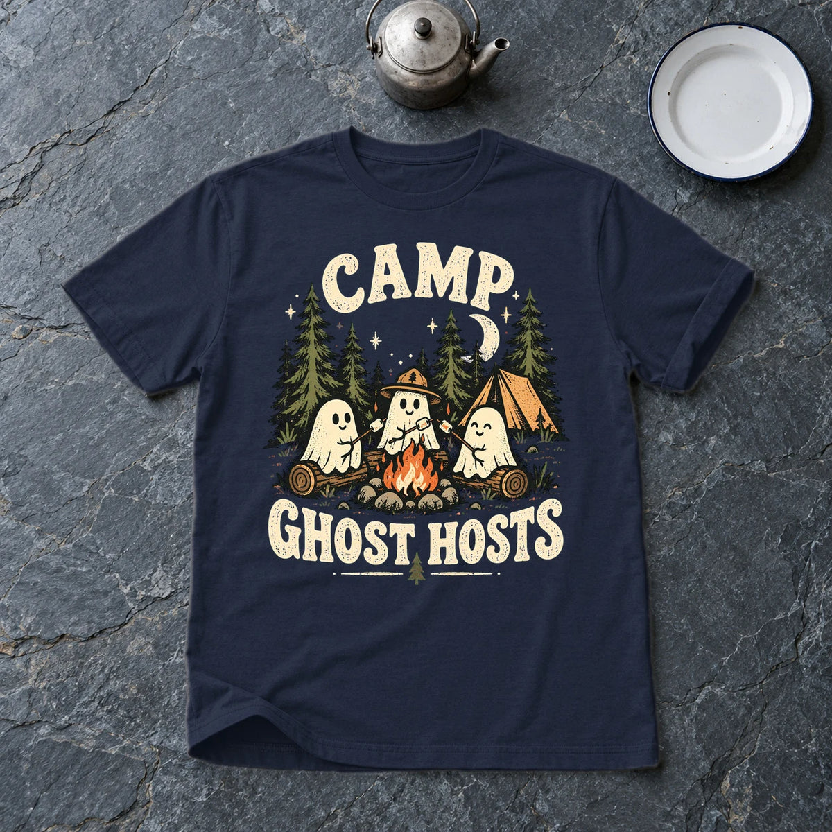 Camp Ghost Hosts Graphic Tee on Navy Everyday Soft Tee