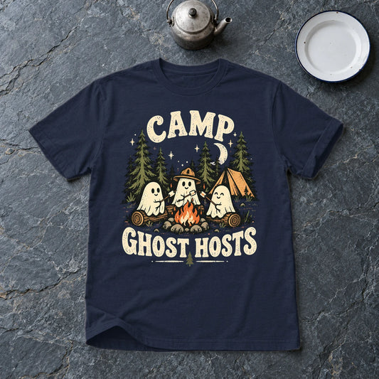 Camp Ghost Hosts Graphic Tee on Navy Everyday Soft Tee