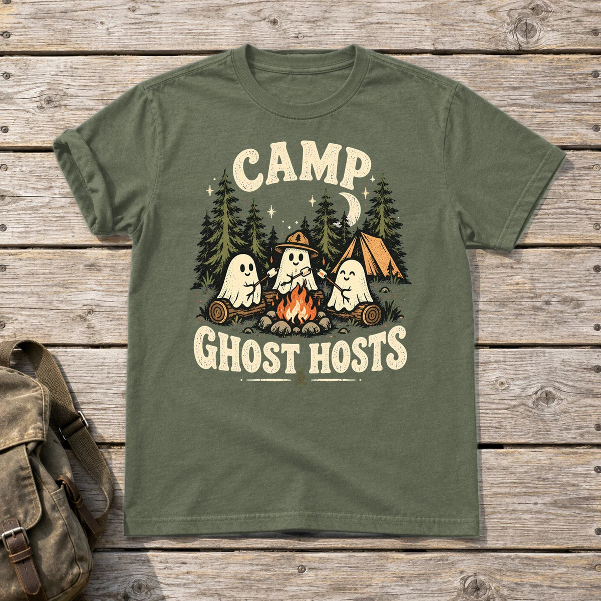 Camp Ghost Hosts Graphic Tee on Military Green Everyday Soft Tee