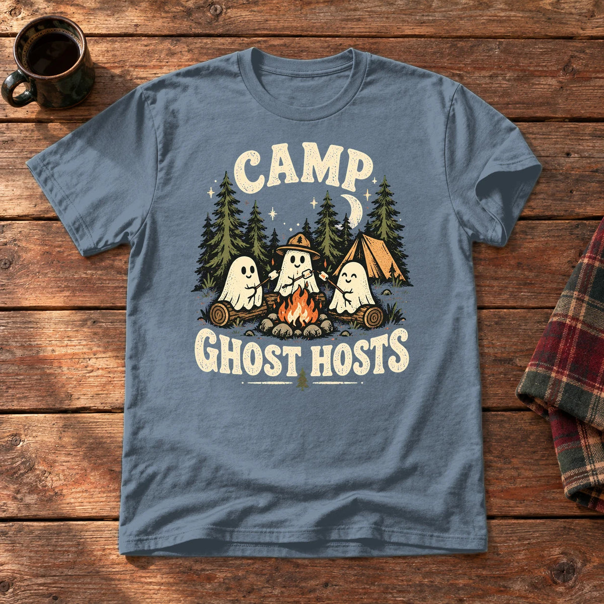 Camp Ghost Hosts Graphic Tee on Heather Indigo Everyday Soft Tee
