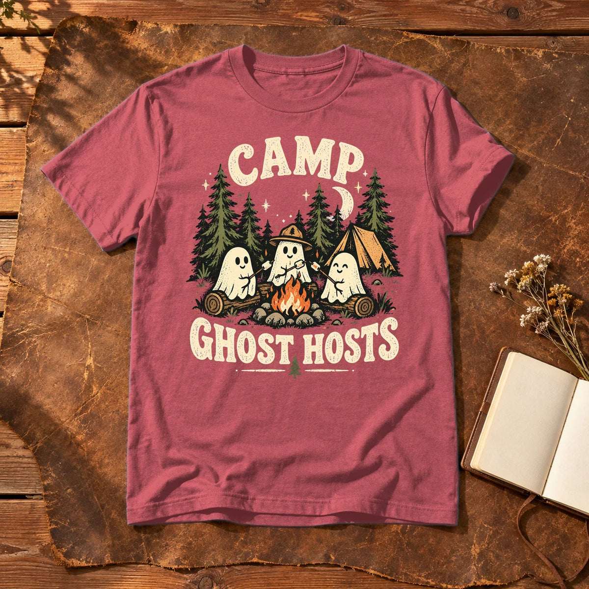 Camp Ghost Hosts Graphic Tee on Heather Red Everyday Soft Tee