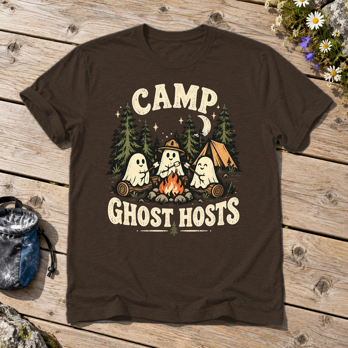Camp Ghost Hosts Graphic Tee on Dark Chocolate Everyday Soft Tee