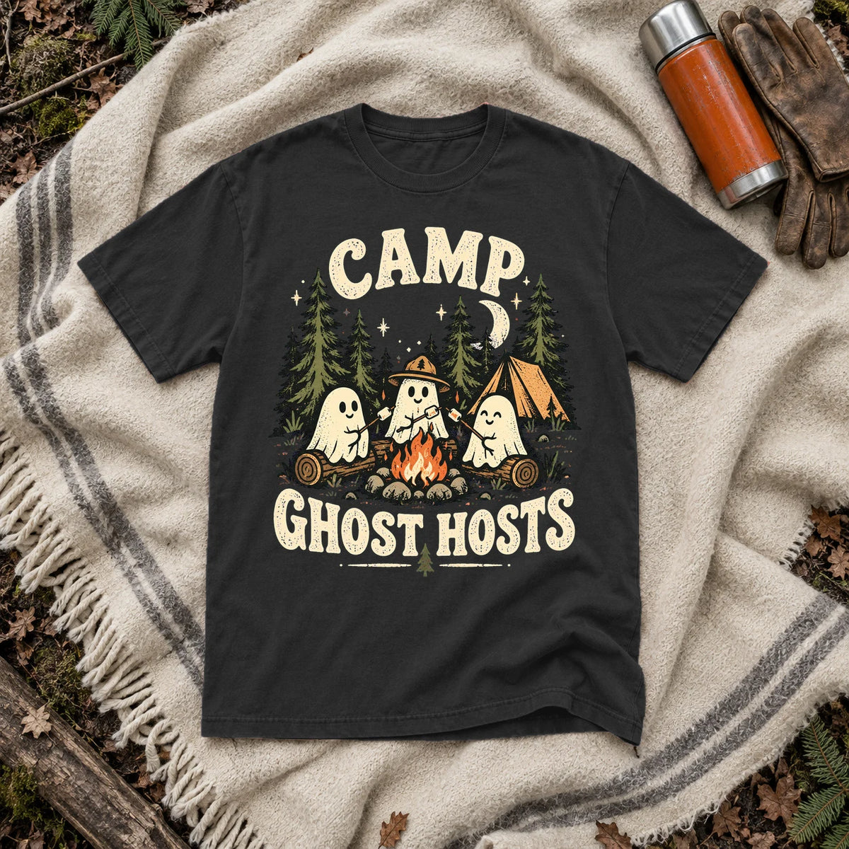 Camp Ghost Hosts Graphic Tee on Black Premium Tee