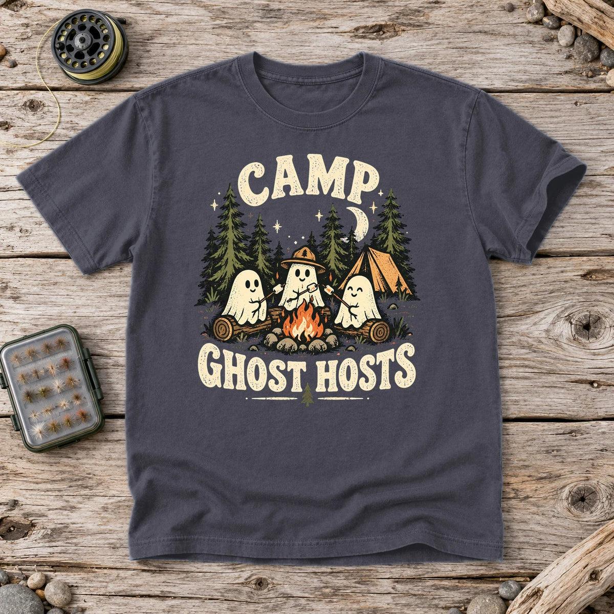 Camp Ghost Hosts Graphic Tee on Navy Premium Tee