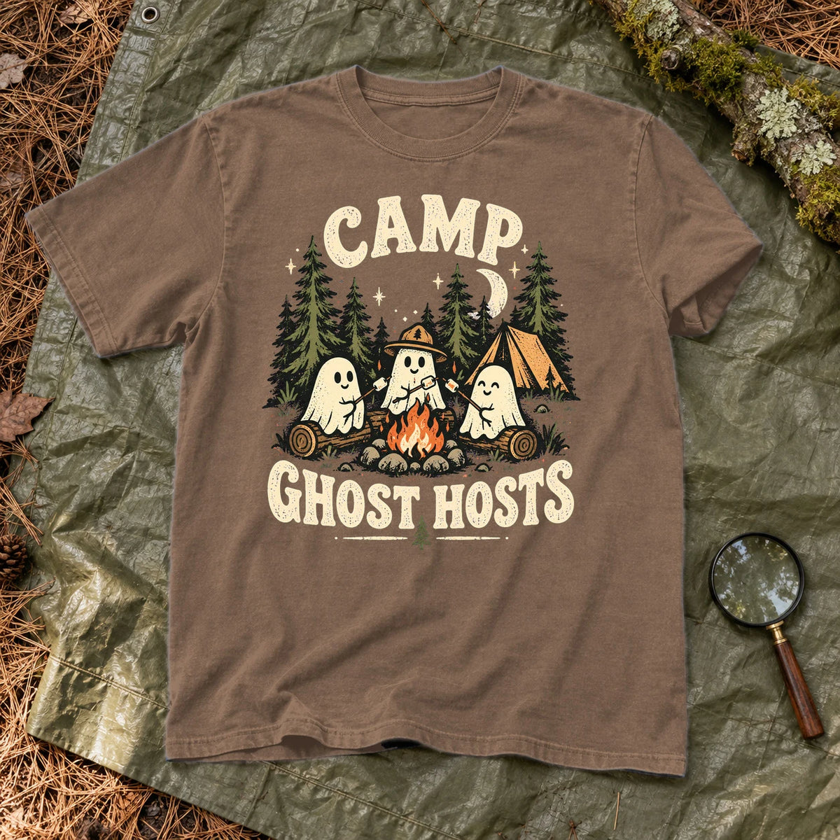 Camp Ghost Hosts Graphic Tee on Espresso Premium Tee