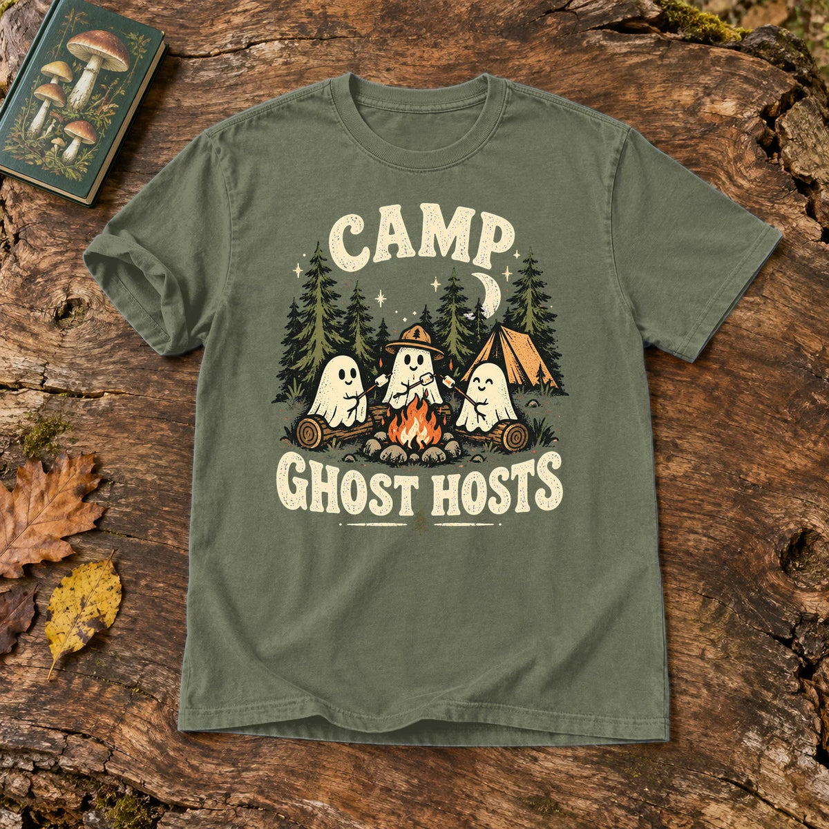 Camp Ghost Hosts Graphic Tee on Moss Premium Tee