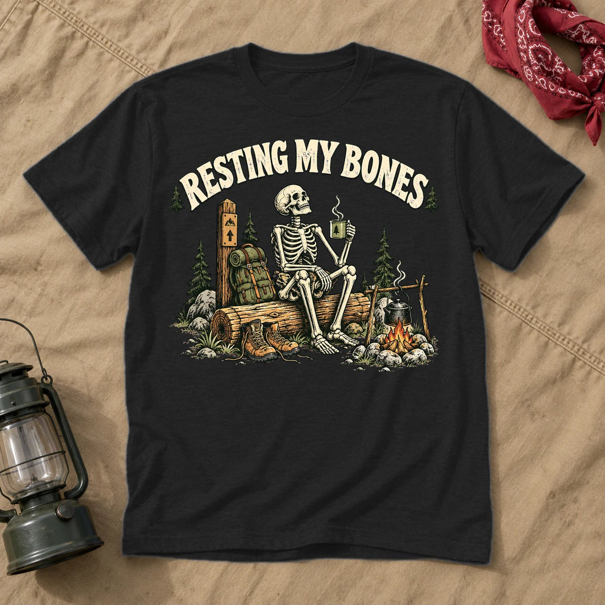 Resting My Bones Camping Graphic Tee on Black Everyday Soft Tee