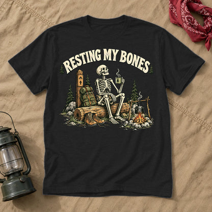 Resting My Bones Camping Graphic Tee on Black Everyday Soft Tee