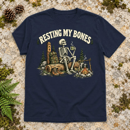 Resting My Bones Camping Graphic Tee on Navy Everyday Soft Tee