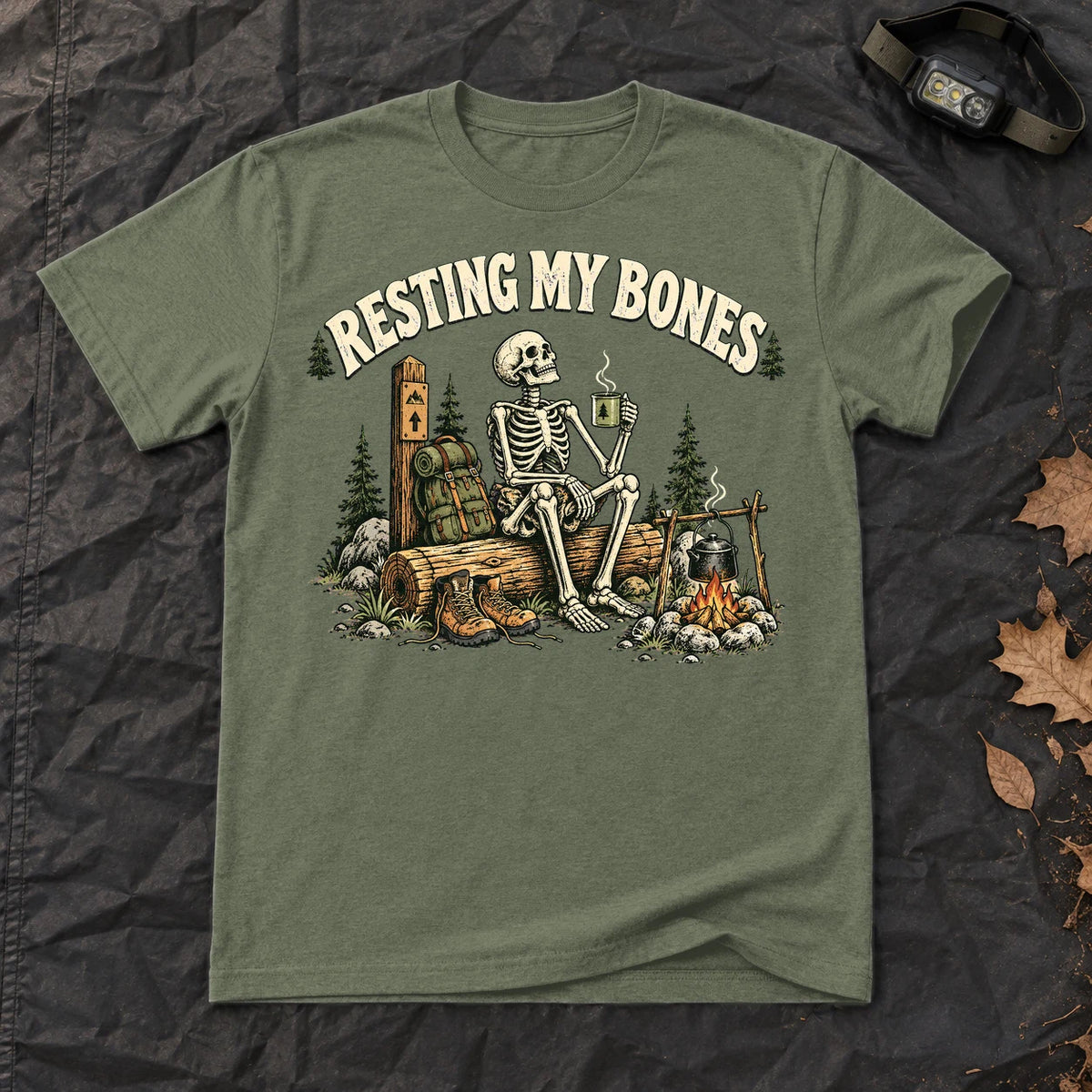 Resting My Bones Camping Graphic Tee on Military Green Everyday Soft Tee