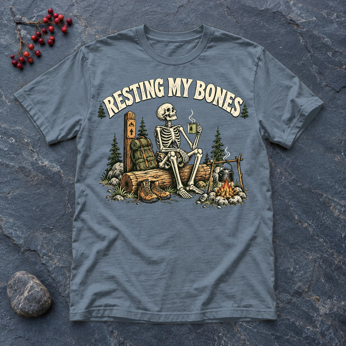 Resting My Bones Camping Graphic Tee on Heather Indigo Everyday Soft Tee