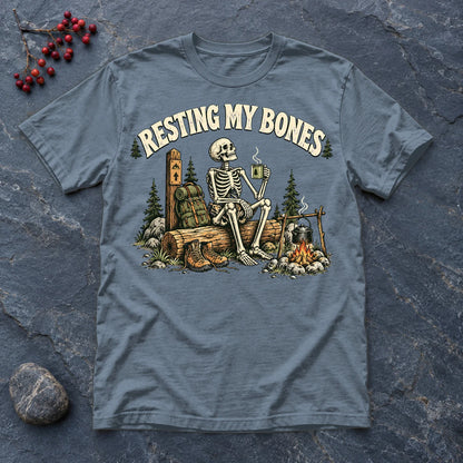 Resting My Bones Camping Graphic Tee on Heather Indigo Everyday Soft Tee