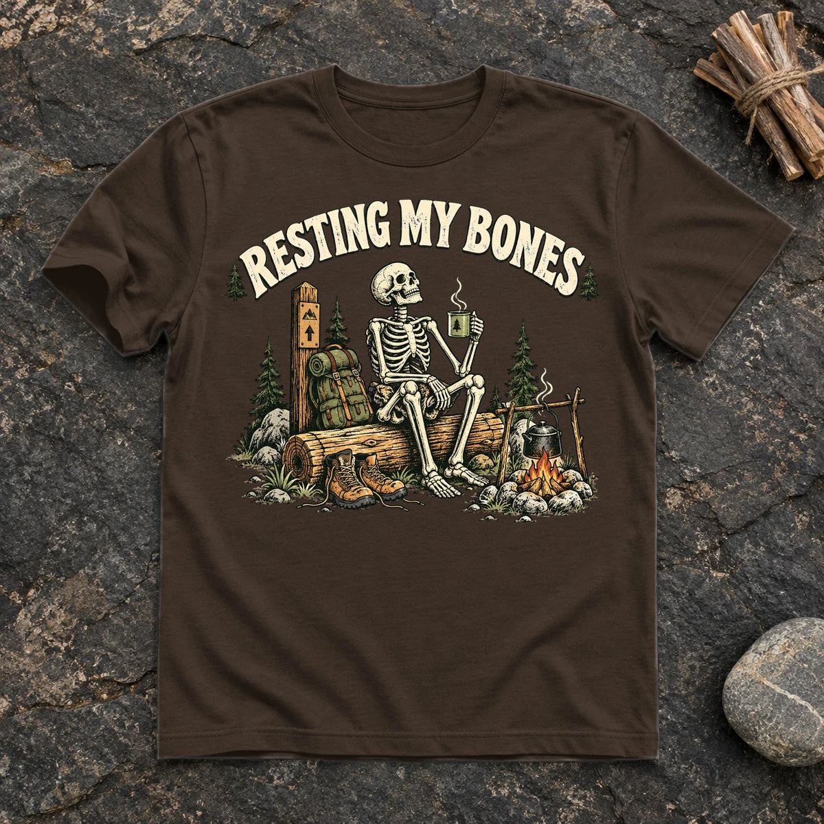 Resting My Bones Camping Graphic Tee on Dark Chocolate Everyday Soft Tee