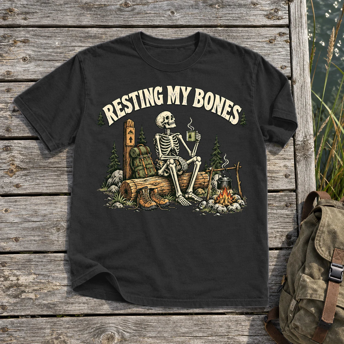 Resting My Bones Camping Graphic Tee on Black Premium Tee