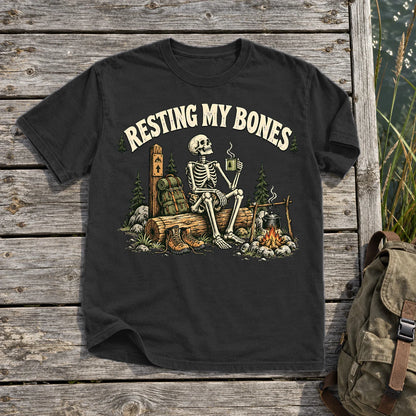 Resting My Bones Camping Graphic Tee on Black Premium Tee