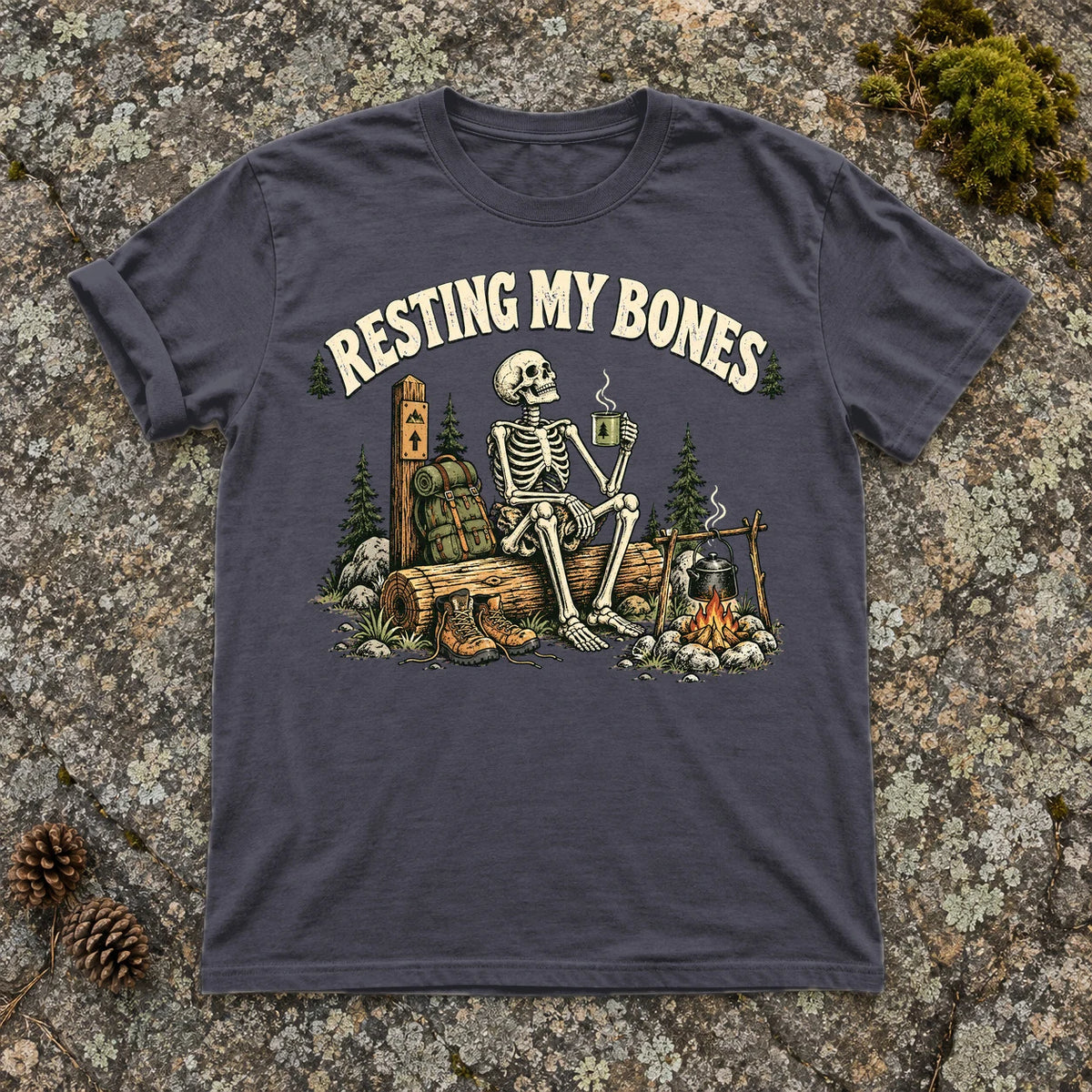 Resting My Bones Camping Graphic Tee on Navy Premium Tee