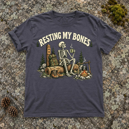 Resting My Bones Camping Graphic Tee on Navy Premium Tee