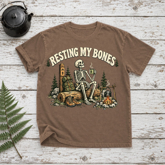 Resting My Bones Camping Graphic Tee on Espresso Premium Tee