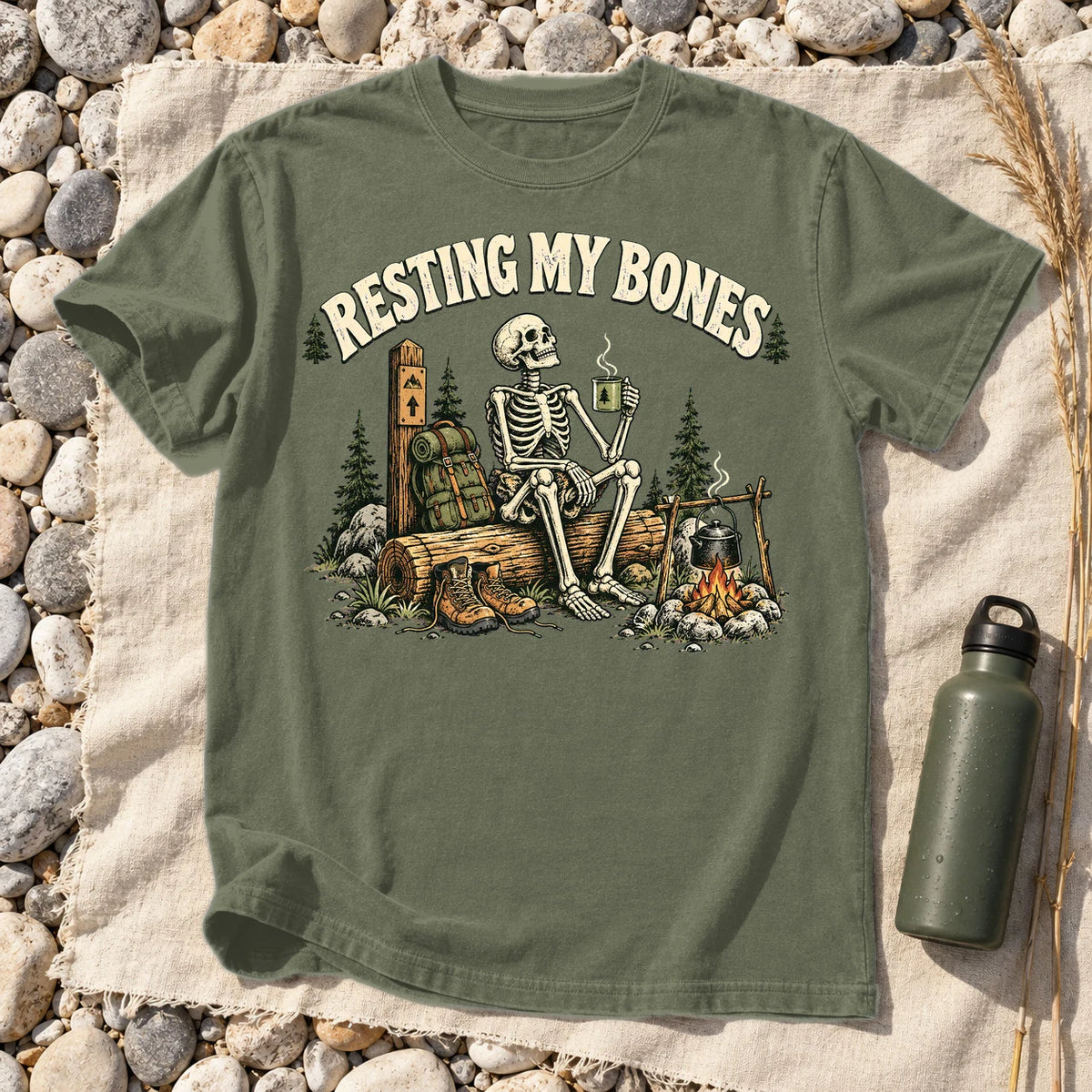 Resting My Bones Camping Graphic Tee on Moss Premium Tee