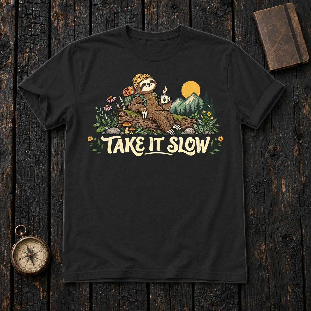 Take It Slow Camping Sloth Graphic Tee on Black Everyday Soft Tee