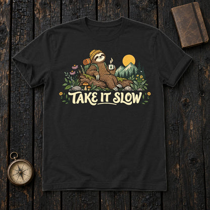 Take It Slow Camping Sloth Graphic Tee on Black Everyday Soft Tee