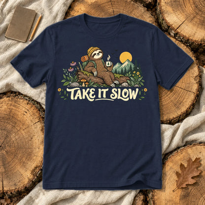 Take It Slow Camping Sloth Graphic Tee on Navy Everyday Soft Tee