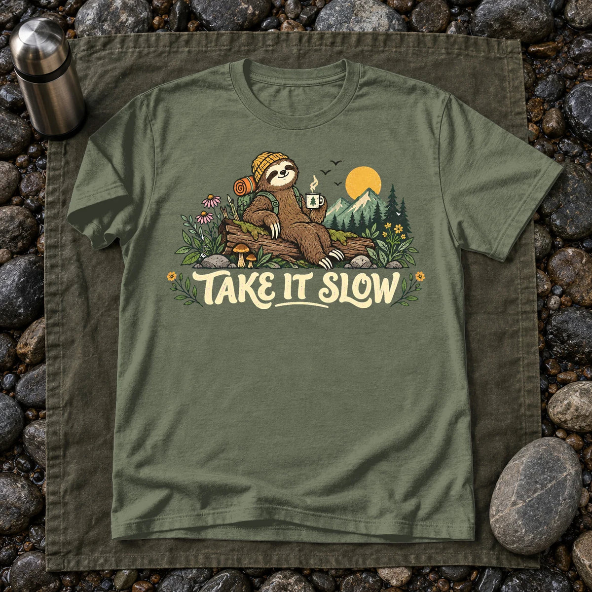 Take It Slow Camping Sloth Graphic Tee on Military Green Everyday Soft Tee
