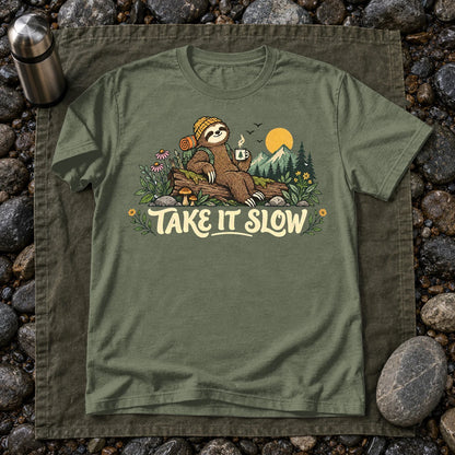 Take It Slow Camping Sloth Graphic Tee on Military Green Everyday Soft Tee
