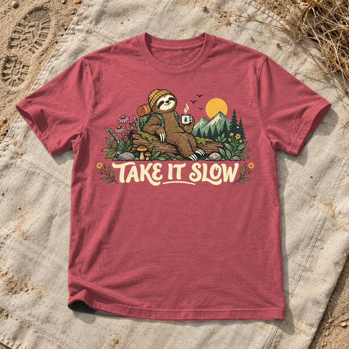 Take It Slow Camping Sloth Graphic Tee on Heather Red Everyday Soft Tee