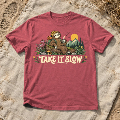 Take It Slow Camping Sloth Graphic Tee on Heather Red Everyday Soft Tee
