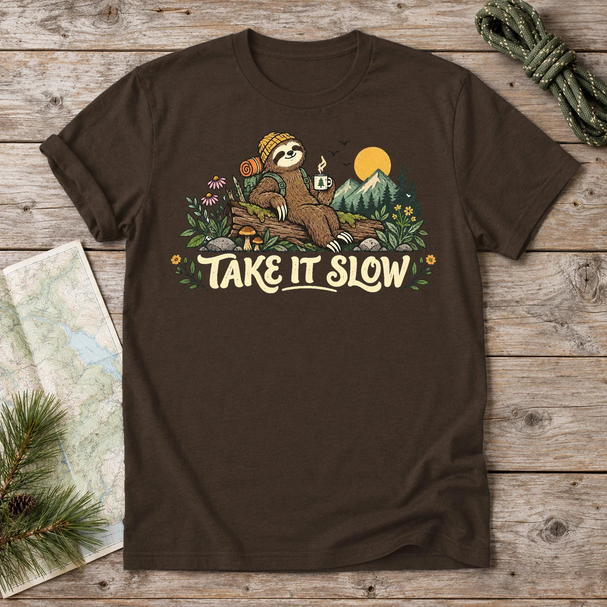 Take It Slow Camping Sloth Graphic Tee on Dark Chocolate Everyday Soft Tee