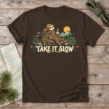 Take It Slow Camping Sloth Graphic Tee on Dark Chocolate Everyday Soft Tee