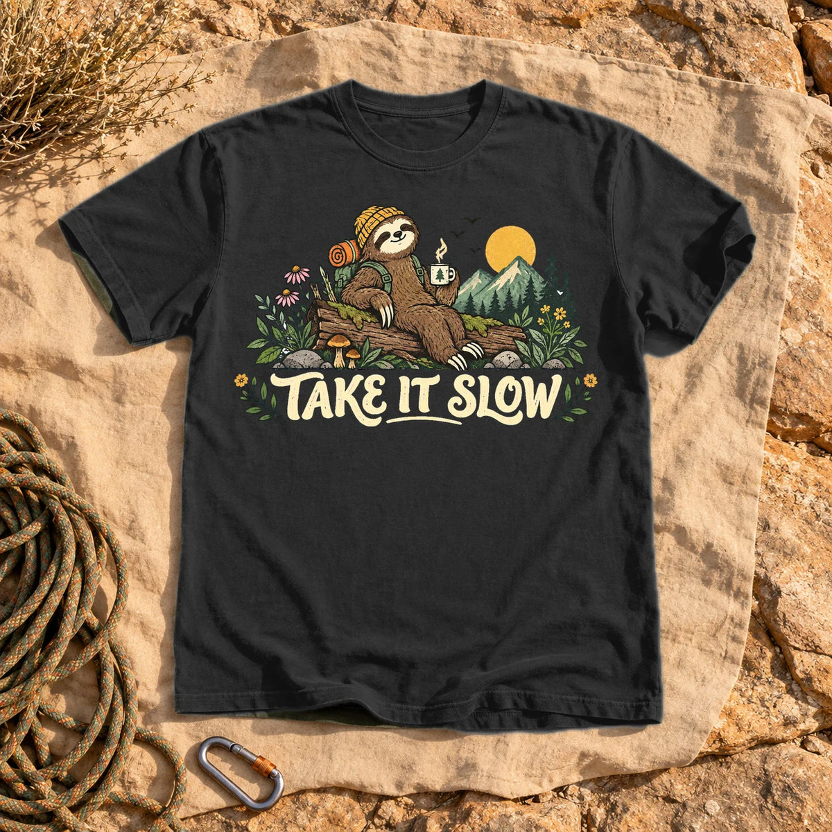 Take It Slow Camping Sloth Graphic Tee on Black Premium Tee