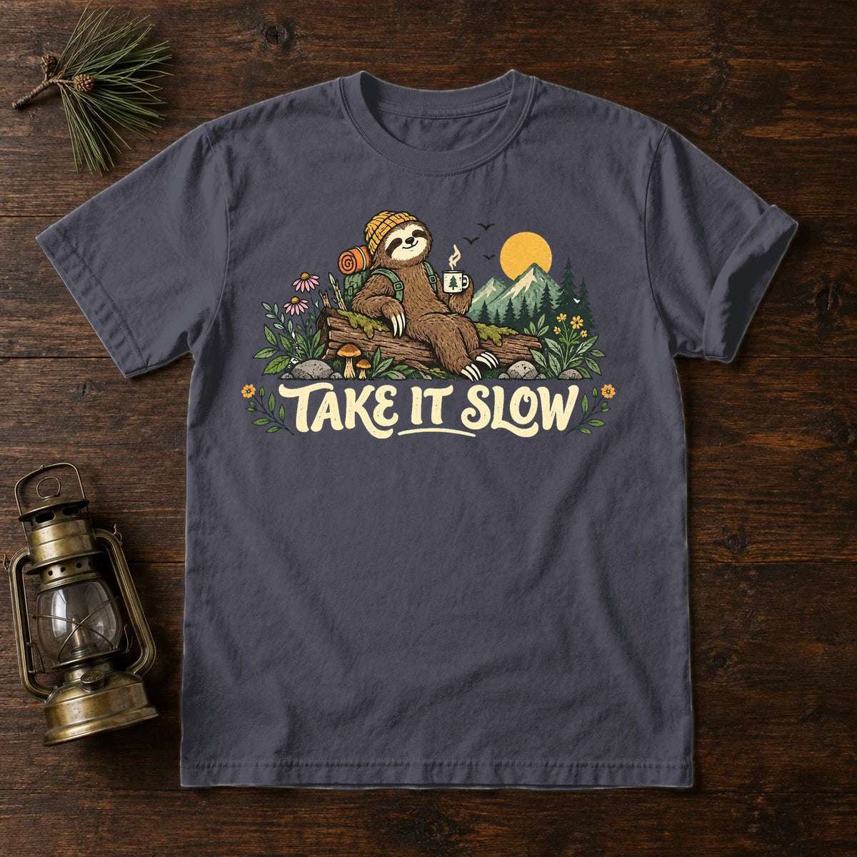 Take It Slow Camping Sloth Graphic Tee on Navy Premium Tee