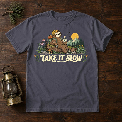 Take It Slow Camping Sloth Graphic Tee on Navy Premium Tee