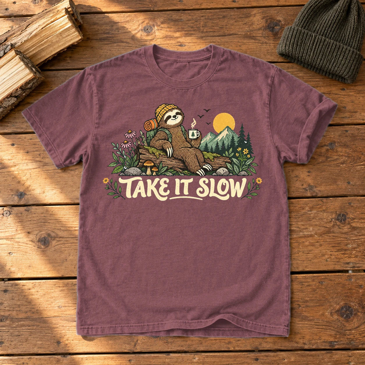 Take It Slow Camping Sloth Graphic Tee on Brick Premium Tee
