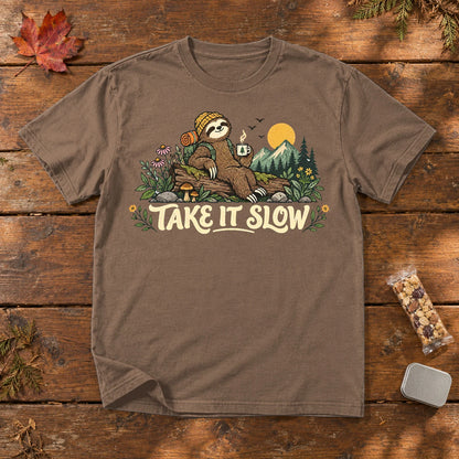 Take It Slow Camping Sloth Graphic Tee on Espresso Premium Tee