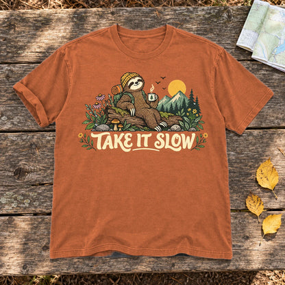 Take It Slow Camping Sloth Graphic Tee on Yam Premium Tee