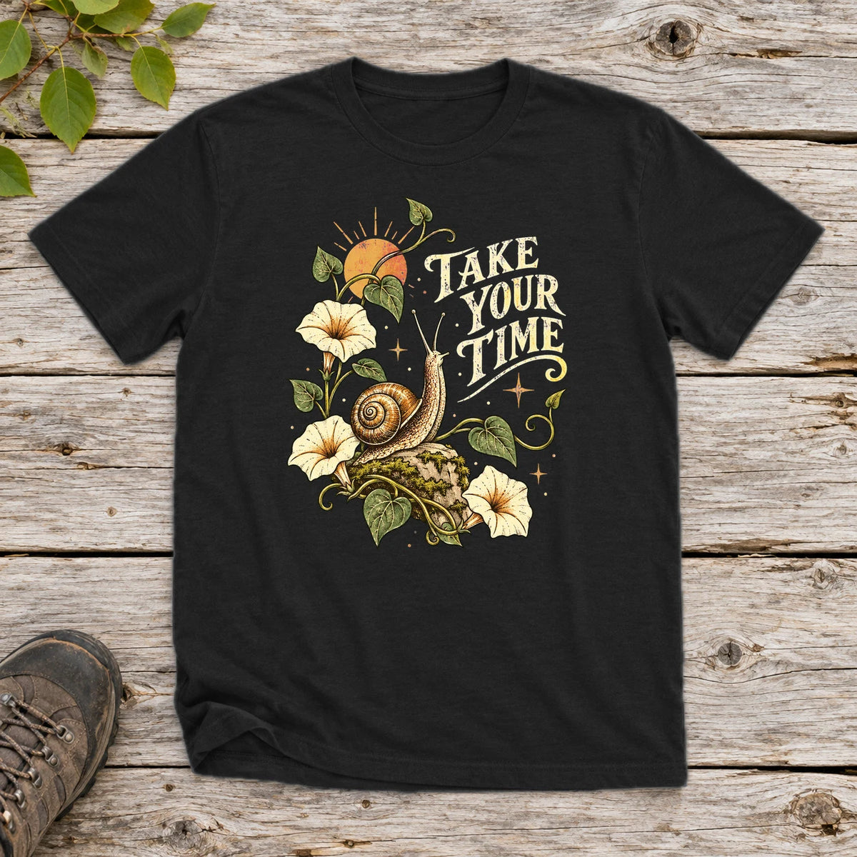 Take Your Time Snail Botanical Graphic Tee on Black Everyday Soft Tee