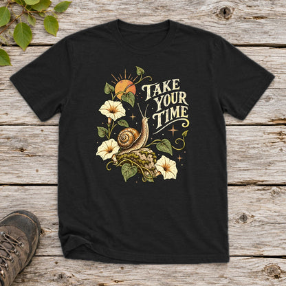 Take Your Time Snail Botanical Graphic Tee on Black Everyday Soft Tee