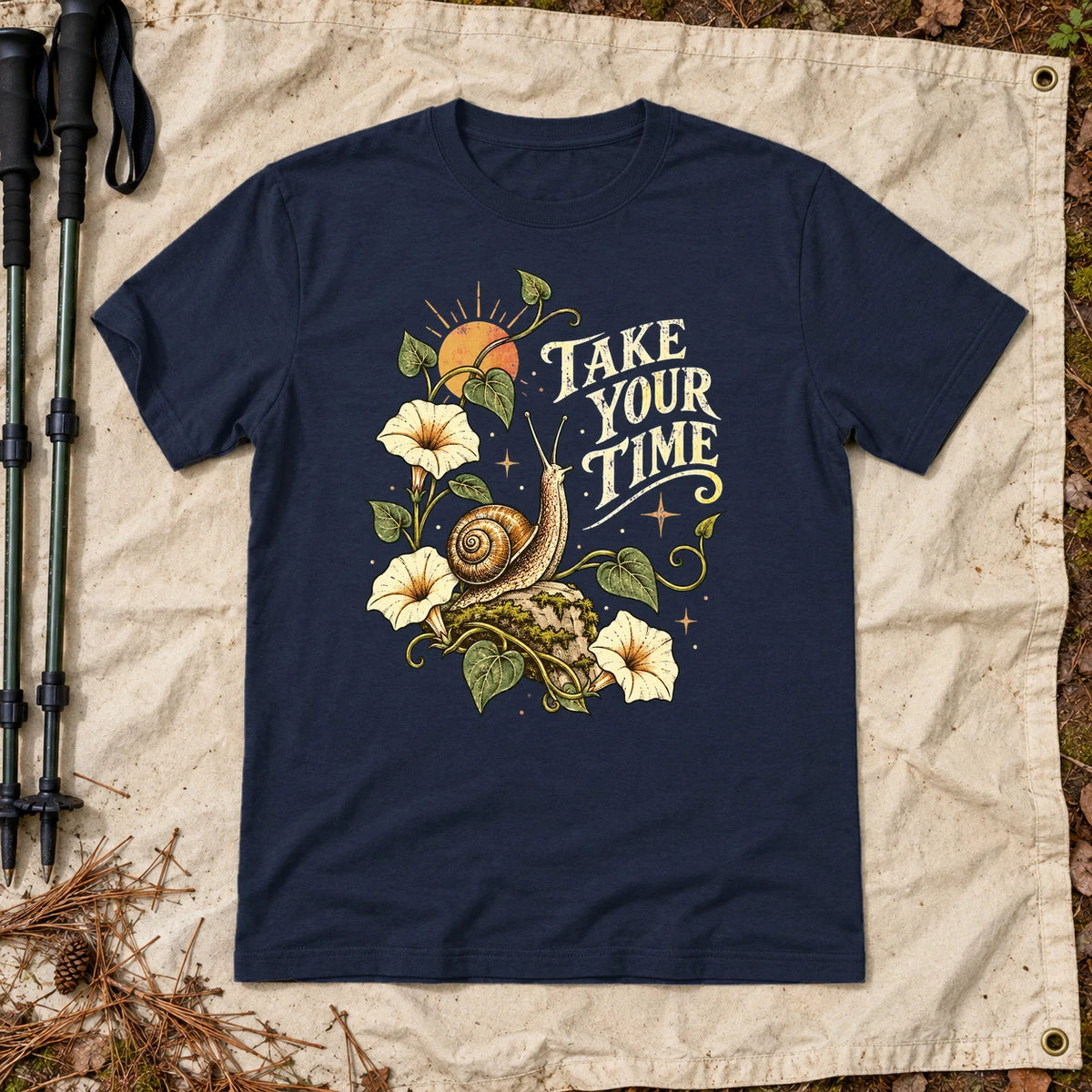 Take Your Time Snail Botanical Graphic Tee on Navy Everyday Soft Tee