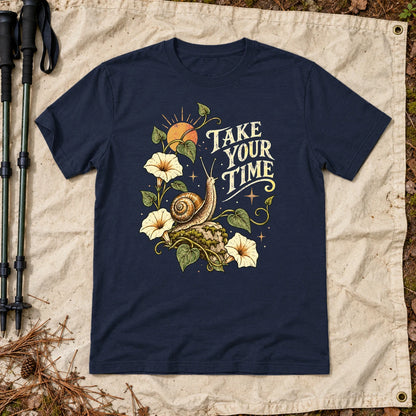 Take Your Time Snail Botanical Graphic Tee on Navy Everyday Soft Tee