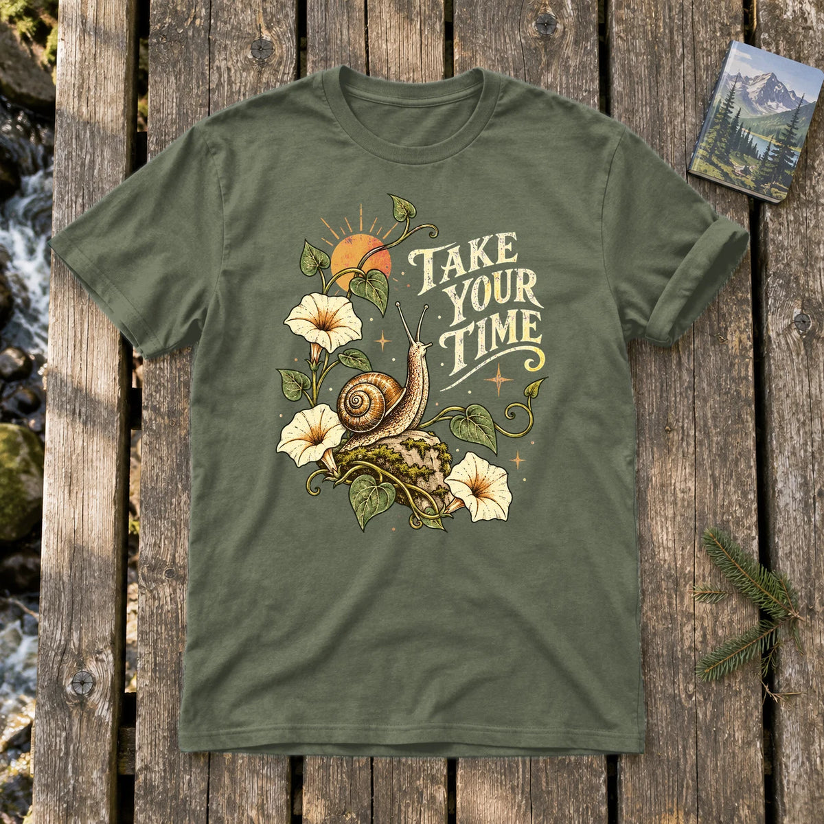 Take Your Time Snail Botanical Graphic Tee on Military Green Everyday Soft Tee