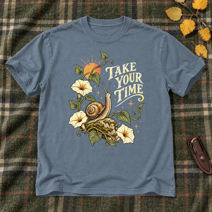 Take Your Time Snail Botanical Graphic Tee on Heather Indigo Everyday Soft Tee
