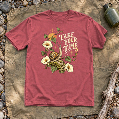 Take Your Time Snail Botanical Graphic Tee on Heather Red Everyday Soft Tee
