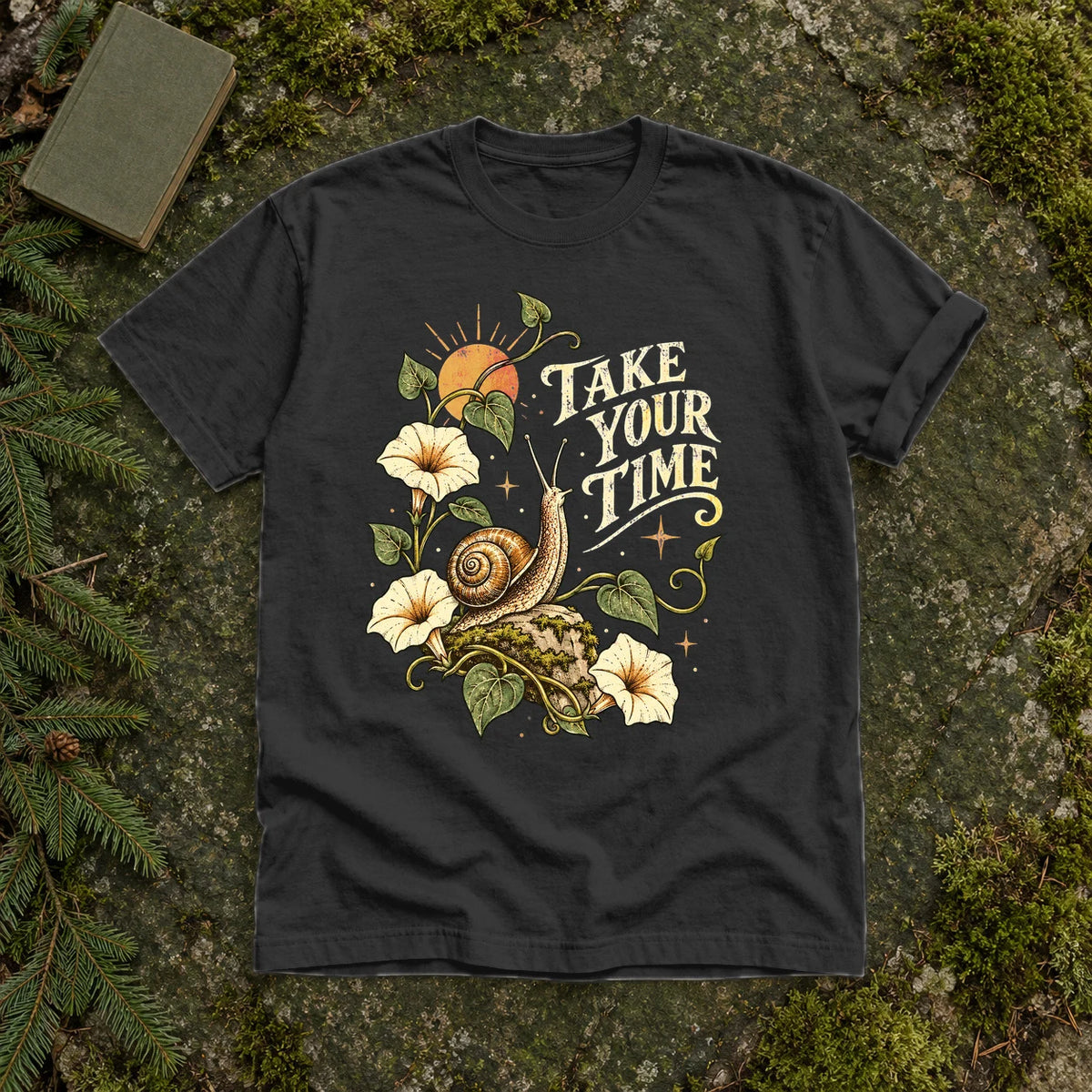 Take Your Time Snail Botanical Graphic Tee on Black Premium Tee