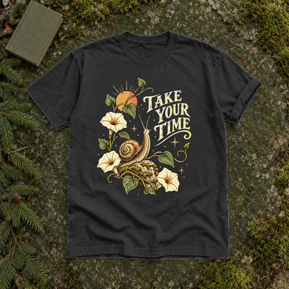Take Your Time Snail Botanical Graphic Tee on Black Premium Tee